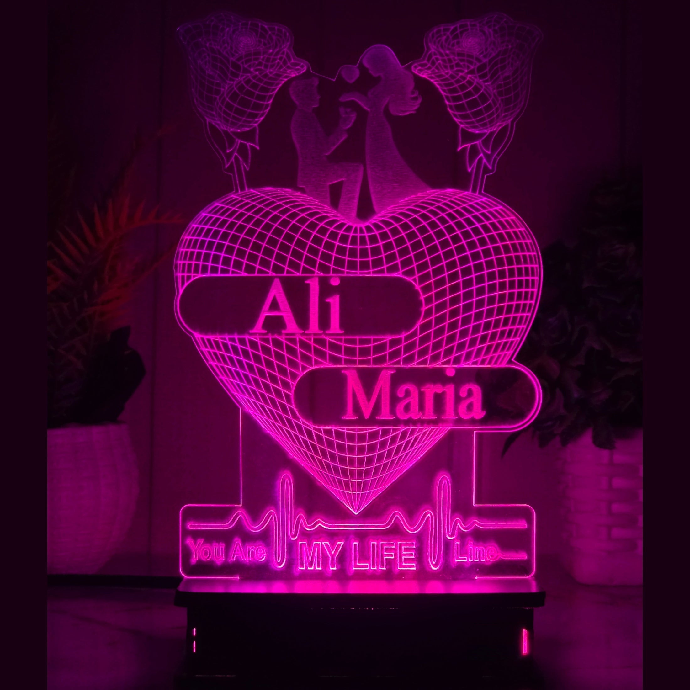2 Rose Heart 3d Customized Lamp